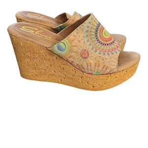 Sbicca Vintage Collection Women's Size 7 Tan Multi Faux Cork Wedge Heels